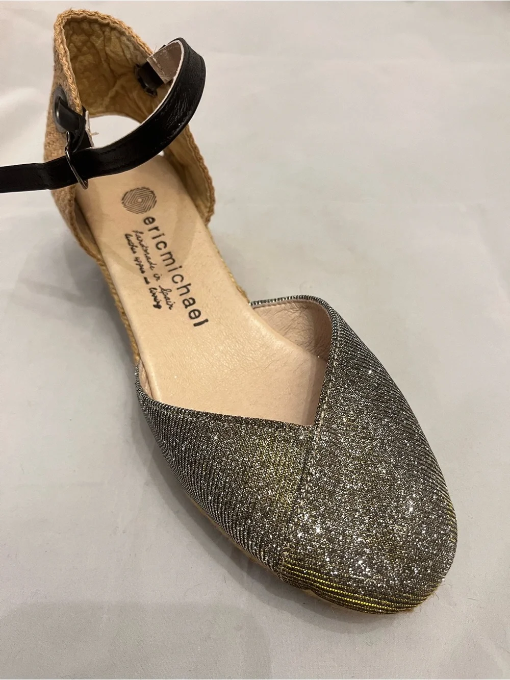 Eric Michael Silver Metallic Espadrille Wedges with Black Ankle Strap
